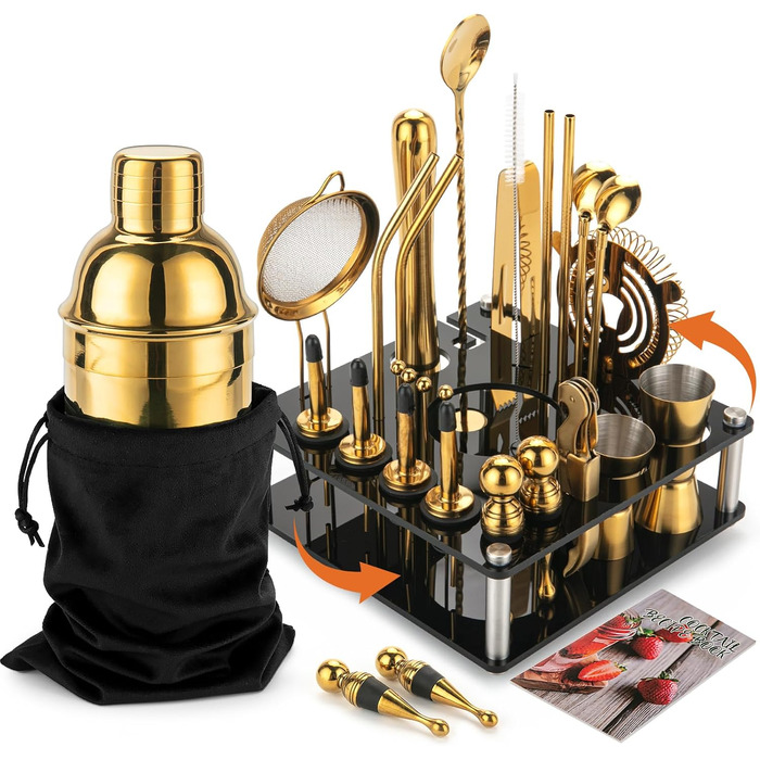 Набір шейкерів для коктейлів KINGROW 29 предметів: професійний барний аксесуар для дому, вечірок та барів | Золотий барний набір з усіма необхідними інструментами для приготування коктейлів