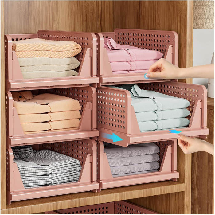 SNSLXH 5 Pack Stackable Closet Shelf Organizer, Multifunctional & Foldable Closet Organizer for Bathroom Kitchen Closet Storage, Space-Saving Closet Drawer Storage Box, White (5 pack Pink)