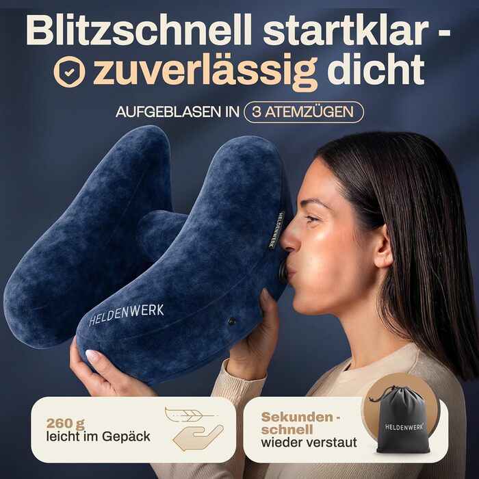 Подушка для шиї HELDENWERK® Air: 5 положень, швидка підкачка, регулювання тиску, знімний капюшон, для подорожей (літак, авто), темно-синій, великий розмір