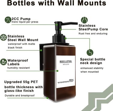 Набір з 3 дозатори мила Roselee для кріплення на стіну, 500 мл, без свердління, для душу, шампуню, гелю для ванни, з етикеткою, для ванної кімнати, кухні (Колір: Коричневий)