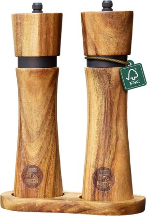 ninetyfive® Wooden Pepper Mill Set | Salt and Pepper Mills + Acacia Wood Coaster and Funnel Spoon | Spice Grinders with Ceramic Grinder (21cm) | High-Quality Gift Packaging