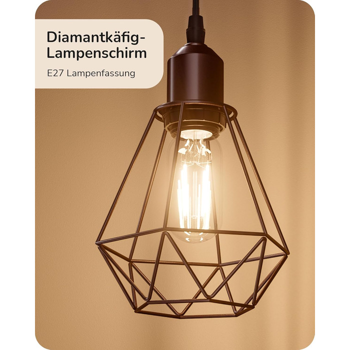 LED торшер Edishine для вітальні, 3 лампи, ретро стиль, диммування, 4W E27, регулювання поворотною ручкою, індустріальний дизайн, металевий абажур-сітка, 2700K, висота 166 см, колір: коричневий