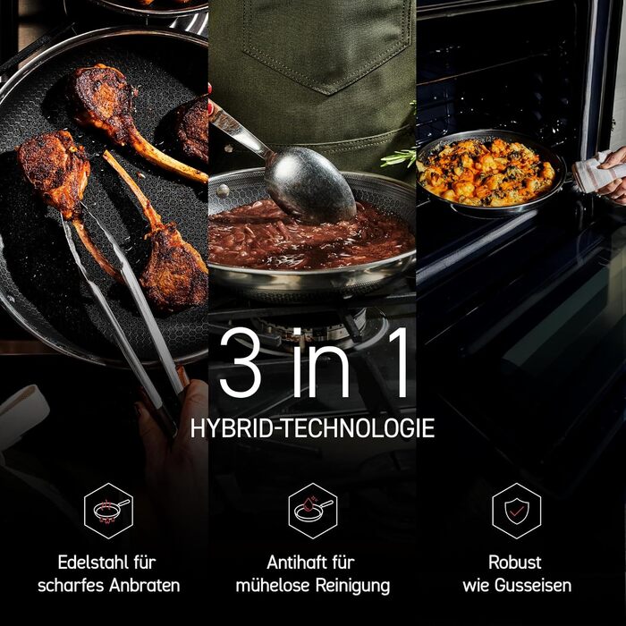 Сковорода HexClad Hybrid Ø 20 см – нержавіюча сталь з сотовою структурою, антипригарне покриття, для всіх плит (індукція), безпечна в духовці та посудомийній машині