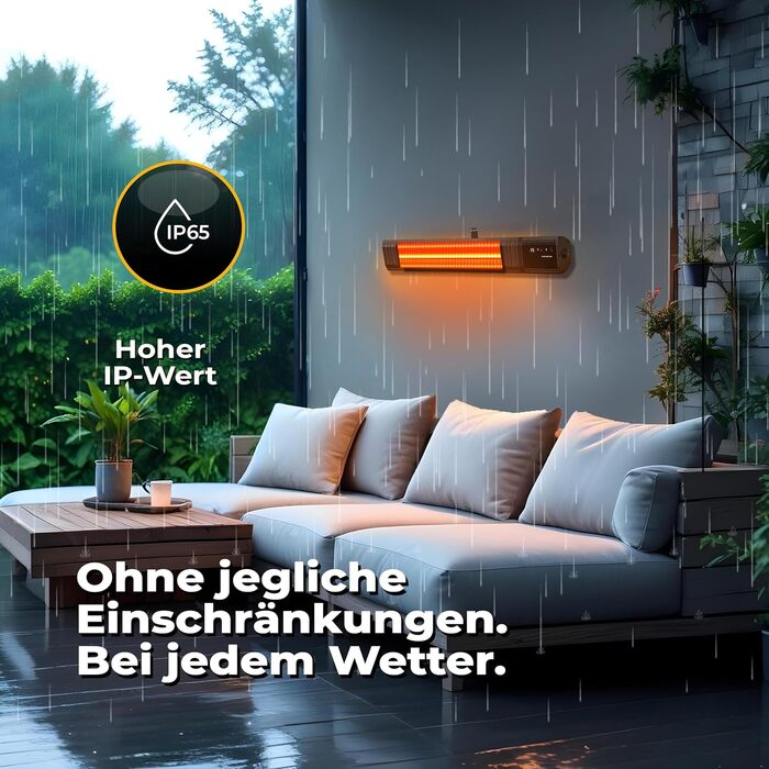 Інфрачервовий обігрівач RAY 2500W – електричний обігрівач з 9 ступенями, IP65 для тераси та приміщення, настінний, з пультом та таймером, чорний