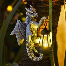 Yeomoo Dragon Figures with Solar Lamps Tree Trunk Garden Decor for Outdoors: Funny Dragon Garden Figures Decor with LED Solar String Lights Outdoor Gifts for Men/Women Garden Fence Tree Accessories Grey