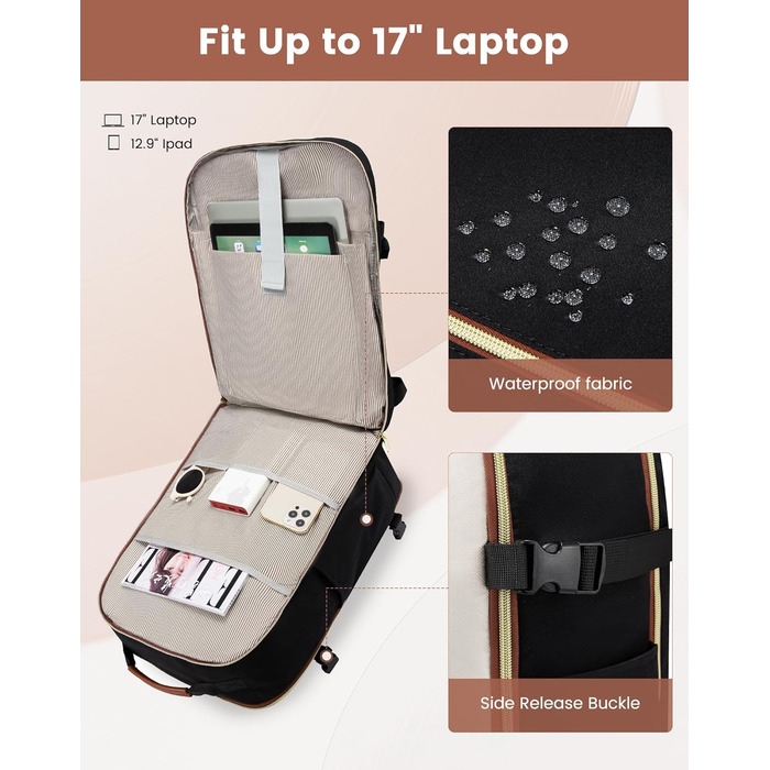 Рюкзак LOVEVOOK для ручної поклажі літака, 40L, водонепроникний, для ноутбука 17 дюймів, для подорожей, школи, роботи, кемпінгу (бежевий+чорний+коричневий)