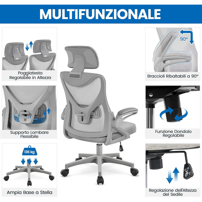 Ергономічне крісло Yaheetech для офісу з підйомними підлокітниками, регульованою підголівником та функцією гойдання, до 136 кг, сіре