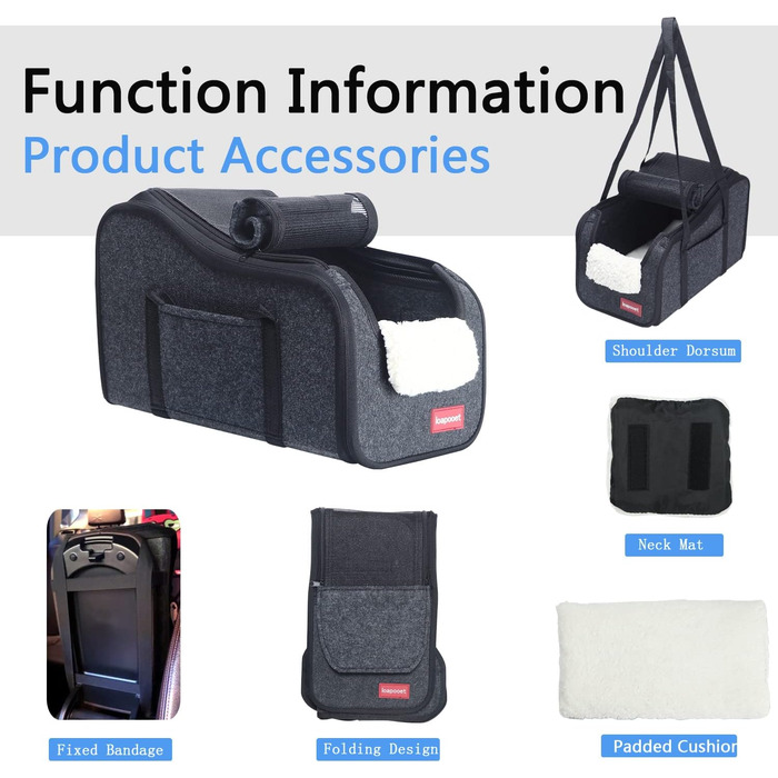 Автокрісло для собак у центральній консолі, сіре, для маленьких собак, котів та домашніх тварин