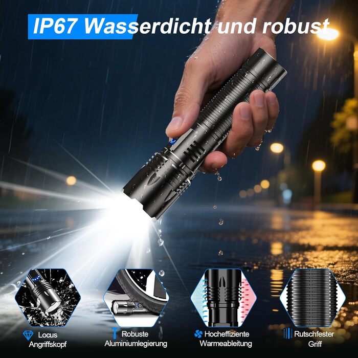 Ліхтар LED тактичний USB-C 50000 люмен, 24 години роботи, Zoom, 5 режимів, IP67, чорний