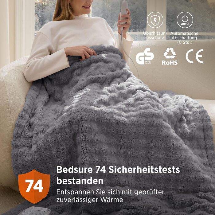 Електрична грілка-ковдра BEDSURE для підігріву, м'який флісовий плед, 130x180 см, сірий