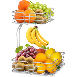Металева фруктова корзина Bomclap на 2 яруси з підставкою для бананів - кухонна фруктова миска, знімна, декоративна, срібна