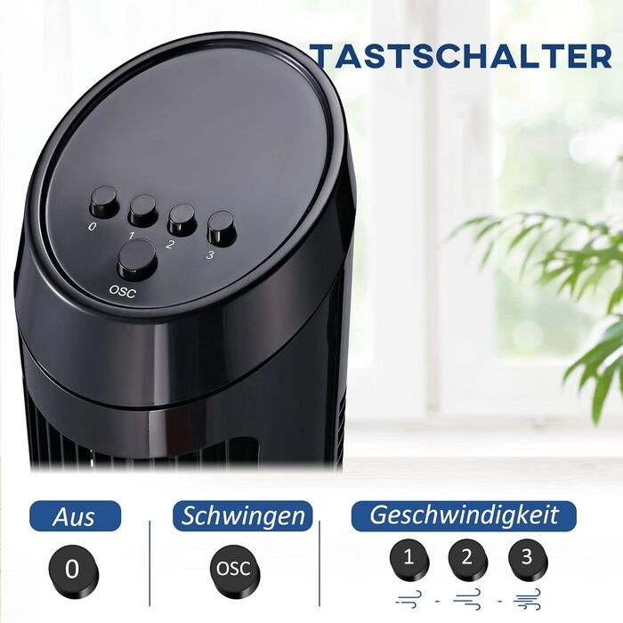 Турбовентилятор HOMCOM 45W з осциляцією, 3 швидкості, ABS, чорний, Ø27 x 75 см