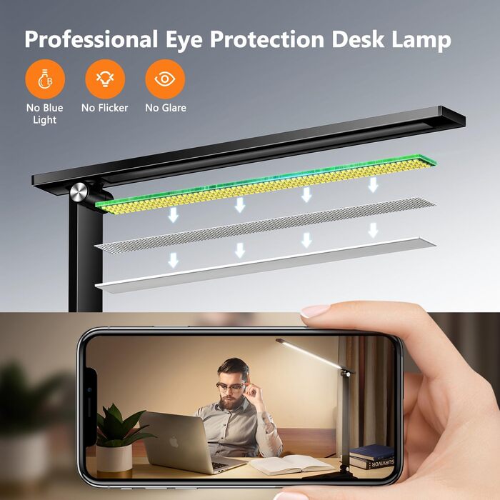 LED лампа настільна для дому та офісу, 15 режимів, денне світло, 1000LM, регулювання яскравості, 3600mAh, чорний колір