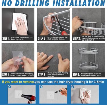 Поличка для душу Gricol Eck-Duschregal без свердління, металева, кутова, з 2 гачками, для ванної кімнати, срібна