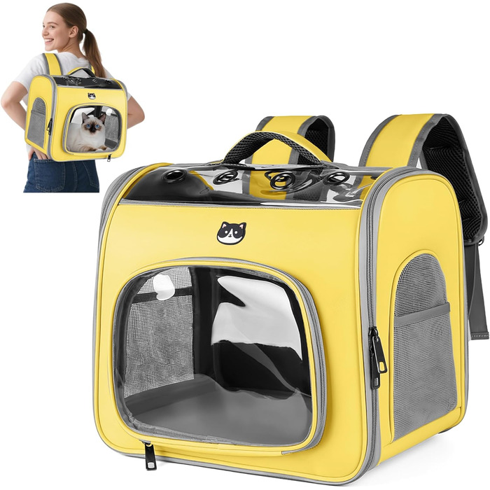 Рюкзак для котів та маленьких собак ALLSOPETS, дихаючий, з фронтальною відкриваністю та страхувальним ремінцем, для подорожей, походів та прогулянок (Квітково-рожевий, Лимонний)