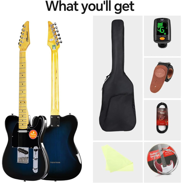Електрогітара Bullstar для початківців TL Series, повний розмір, корпус з павловнії, гриф C-подібної форми, комплектація з аксесуарами, сумка MS110 (блакитна)