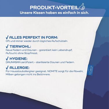 Подушка LINEA by böhmerwald, 40x80 см, 85% пухові пера, 15% новий пух, гіпоалергенна, для алергіків, вироблено в Німеччині, преміум якість, придатна для прання до 60°C