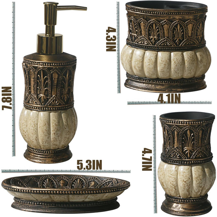 Набір аксесуарів для ванної кімнати Pumkins, ретро-стиль (4 шт.): чашка, тримач для зубних щіток, мильниця, дозатор мила. Декор для дому та робочої поверхні, туалетного столика, подарунок на новосілля. Колір: коричневий