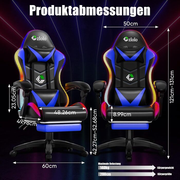 Геймерське крісло Czlolo RGB LED з підставкою для ніг, ергономічне, для дорослих та дітей, блакитне