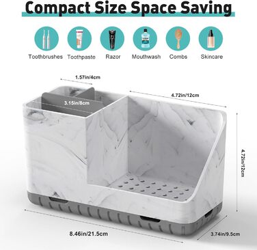 Тримач для зубних щіток у ванну кімнату, органайзер, підставка для електричної зубної щітки з отвором для зливу, знімний органайзер для ванної, кухні та сім'ї (Сірий) (Сірий мармуровий малюнок)