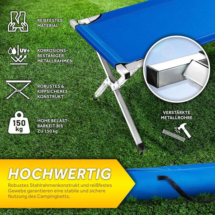 Кемпінгове ліжко TRESKO XXL, 190 x 64 x 44 см, металевий каркас, до 150 кг, блакитне