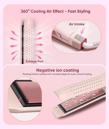 Випрямляч та плойка 2-в-1 з охолодженням Air Glatt, негативне іонізація, 4 температурні режими, рожевий