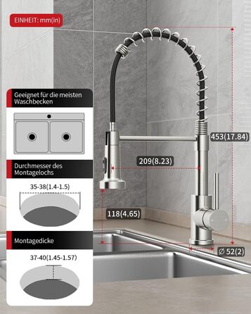 Кухонний змішувач Rainsworth з нержавіючої сталі з двома режимами струменя та висувною лійкою, 360° обертання, висота 45 см