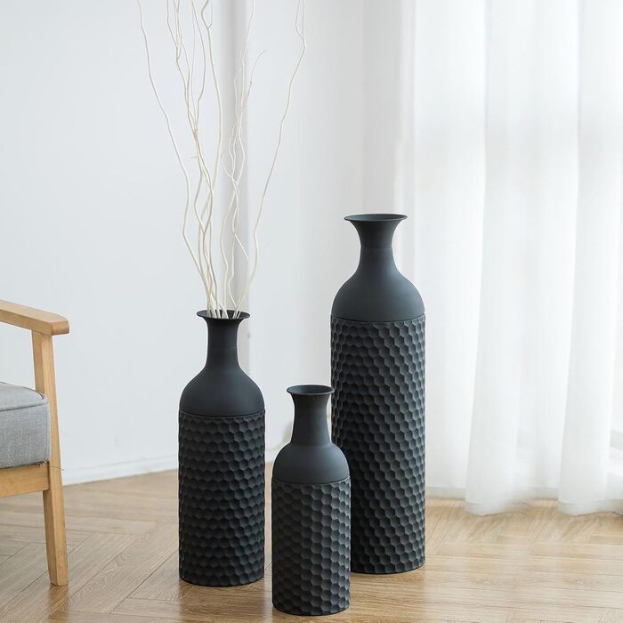 Vintage Black Tall Floor Vase Set of 3 - 68/51/41cm Metal Honeycomb Texture Matte Decorative Vase for Living Room, Dining Room, Bedroom, Office & Home Décor