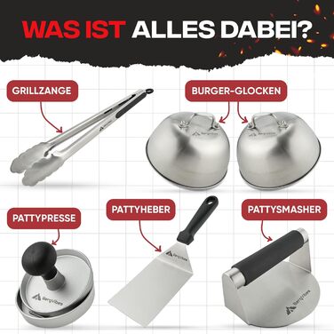 Набір для приготування Smash Burger від BERGVIBES (6 предметів) з нержавіючої сталі: прес, ложки, прес для планки, лопатка, щипці, спресер