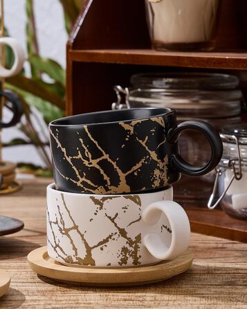 Набір чашок кавових Cappuccino HOME DECOR - 4 шт. по 160 мл з підставками та стійкою - 160 мл, кераміка, для еспресо, капучино, лате, мармурова колекція