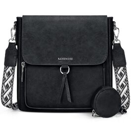 Сумка жіноча RAINSMORE через плече середнього розміру, шкіряна PU, чорна. Кросбоді сумка з широким ременем