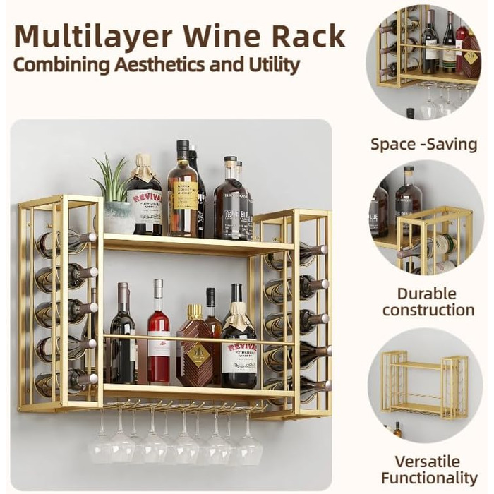 Настінна вітрина для вина Woskar, металева з тримачами для скла, 123,4 x 55 x 25 см, золота