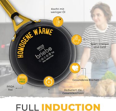 Набір сковорідок Briebe Gold Titanium Set (3 шт.) з титановою поверхнею, антипригарне покриття, для індукційних плит, діаметр 18-20-24 см, коване алюміній, без PFOA, професійні ручки з нержавіючої сталі, сумісний з газовими та склокерамічними плитами