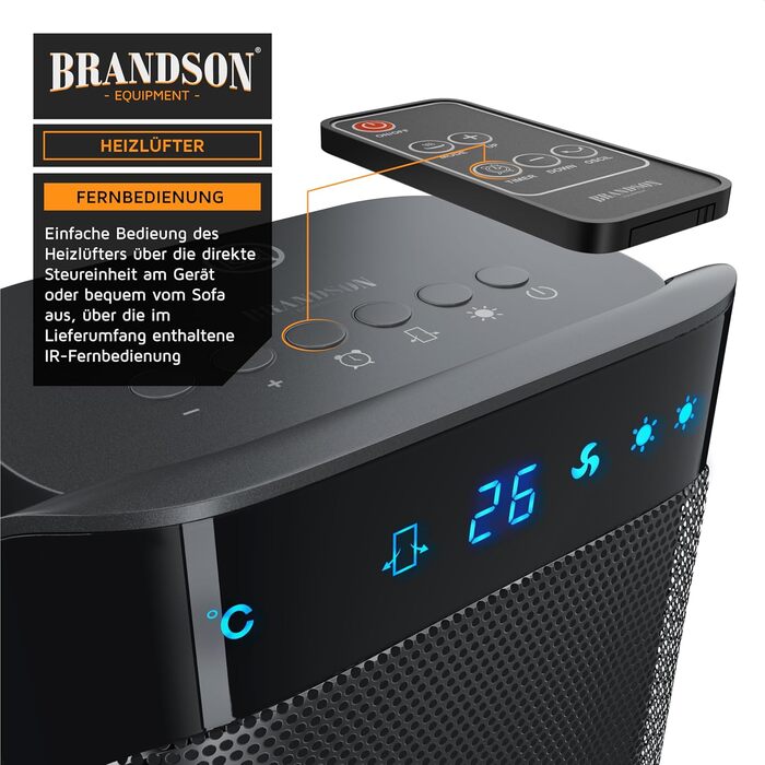 Керамічний обігрівач Brandson 2000W, тихий, енергоощадний, з дистанційним керуванням, холодний режим, 2 потужності, осциляція, для офісу, вітальні, спальні, чорний
