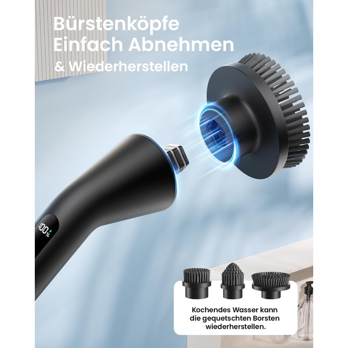 Електрична щітка для чищення Leebein Spin Scrubber: водонепроникна (IPX7), з телескопічною ручкою, 7 насадками та 2 швидкостями для ванної, підлоги та кухні, чорна
