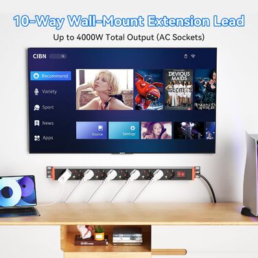 Мережевий фільтр 10 розеток з захистом від перенапруги, поворотний на 360°, для кріплення на стіну, кабель 1,8м, 16A/4000W, для офісу та дому, чорний