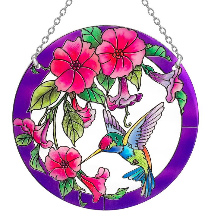 Stained Glass Window Hanging, Hummingbird Gifts for Women, Bird and Flower Window Sun Catcher, 6 inches, Purple Sun Catcher, Hand-Painted Glass for Bird Lovers (6 inches)