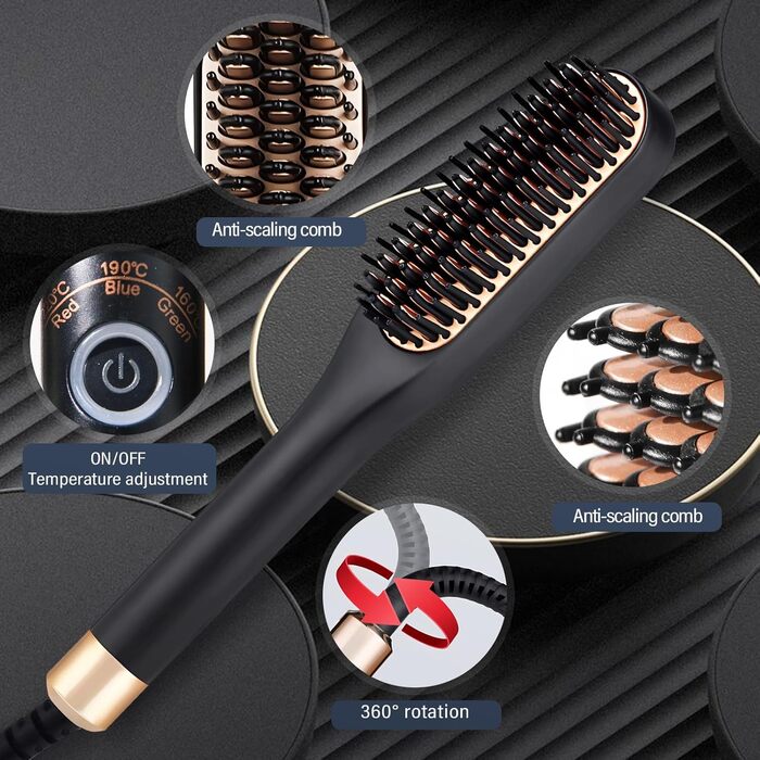 Електричний випрямляч для бороди чоловічий, міні-щітка для випрямлення бороди та волосся, 3 температурні режими (160°C-220°C), 3D-щітка