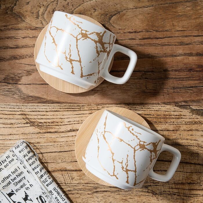 Набір порцелянових еспресо-чашок з блюдцями та металевою підставкою LUKA (4 шт.), 118 мл, мармуровий білий