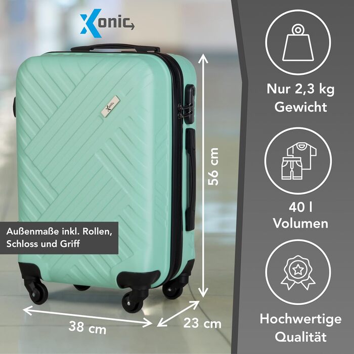 Чемодан Xonic Design: ABS, 360° колеса, замок, M-L-XL, набір (М'ятно-зелений, M)