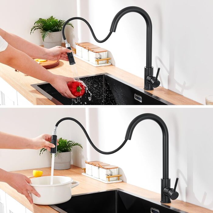 Змішувач кухонний Lonheo з висувною лійкою, високий поворотний кран для кухні з нержавіючої сталі, двофункціональний, для мийки, матовий чорний