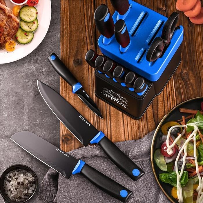 Набір кухонних ножів FIVE COWS (14 предметів) з самозаточуванням, з ножем для стейка та ножицями, синій