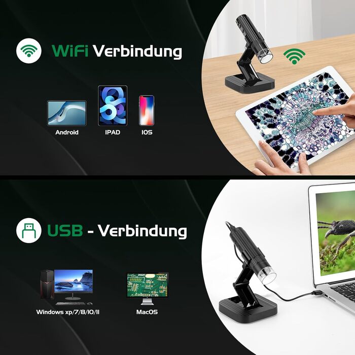 Цифровий мікроскоп WADEO USB HD з 50x-1600x збільшенням, портативна інспекційна камера, кабельне ручне збільшення з 8 LED та стійкою, сумісний з iOS, Android та планшетами (1080P)