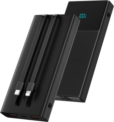 Портативний зарядний пристрій Power Bank 13000mAh з 2 вбудованими кабелями, LED-дисплеєм, підтримкою швидкої зарядки PD, чорний