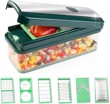 Набір для нарізки овочів Genius Nicer Dicer Exclusive 15 елементів: кубики, томати, тертка, слайсер, контейнер 2500 мл, зелений
