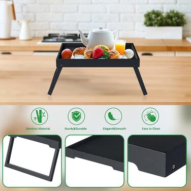 Двопакетний столик-піднос з регульованими ніжками з бамбука для їжі в ліжку, кухні, сервірування, ноутбука (білий, чорний)