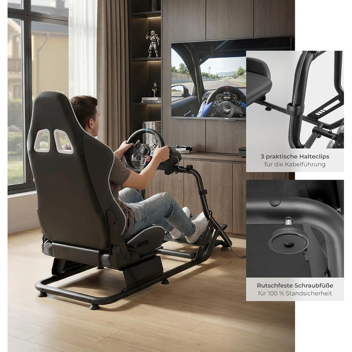Ігровий симулятор Sim Racing Cockpit tectake® для Fanatec, Logitech, Thrustmaster, регульоване гоночне крісло GT-Style, сталевий каркас, до 120 кг, чорний