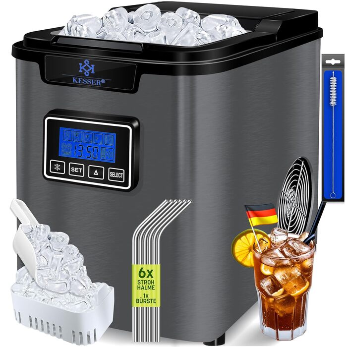 Машина для приготування льоду KESSER® з нержавіючої сталі, 150W, 12 кг/24 год, 3 розміри кубиків, 2.2 л резервуар, таймер, LCD-дисплей, аксесуари, чорний/антрацит