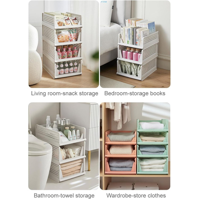 RMAN 8-Piece Stackable Folding Closet Storage Boxes, Closet Organizer Drawers, Plastic Storage Crates for Home, Bedroom, Kitchen - White