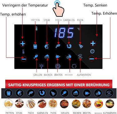 PRIJESSE Аерофритюрниця 12 л, багатофункціональна, 1800 Вт, LED-екран, 10 програм, з функціями підтримки тепла та дегідратора, з рецептурником і аксесуарами